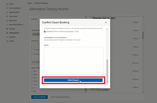 Confirm Exam Booking Submit Request