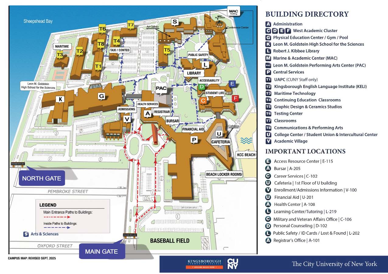 Campus Map Illustration of the Kingsborough Campus map with building directory and important locations.