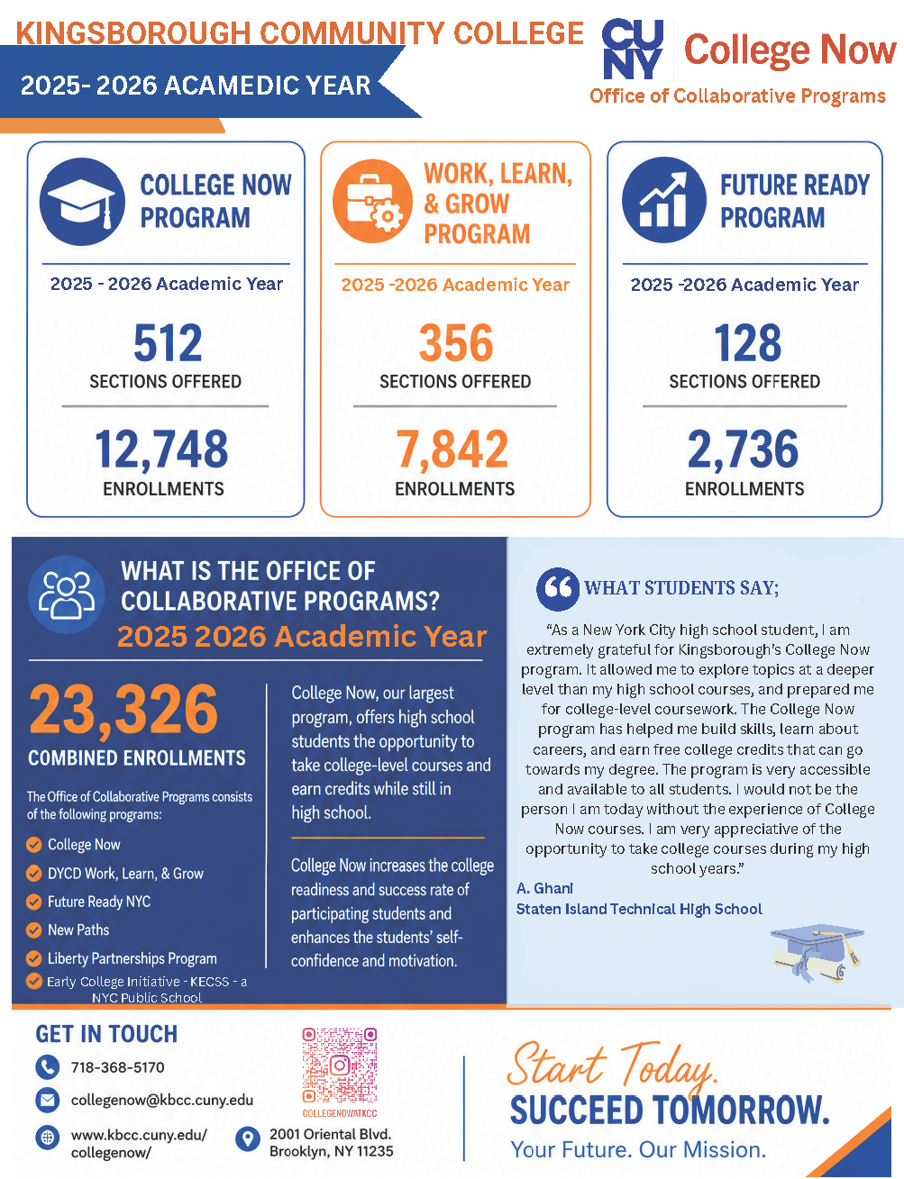College Now 2025-2026 Accomplishments Flyer A flyer displaying sections offered, enrollment information, and student testimonials about the program.