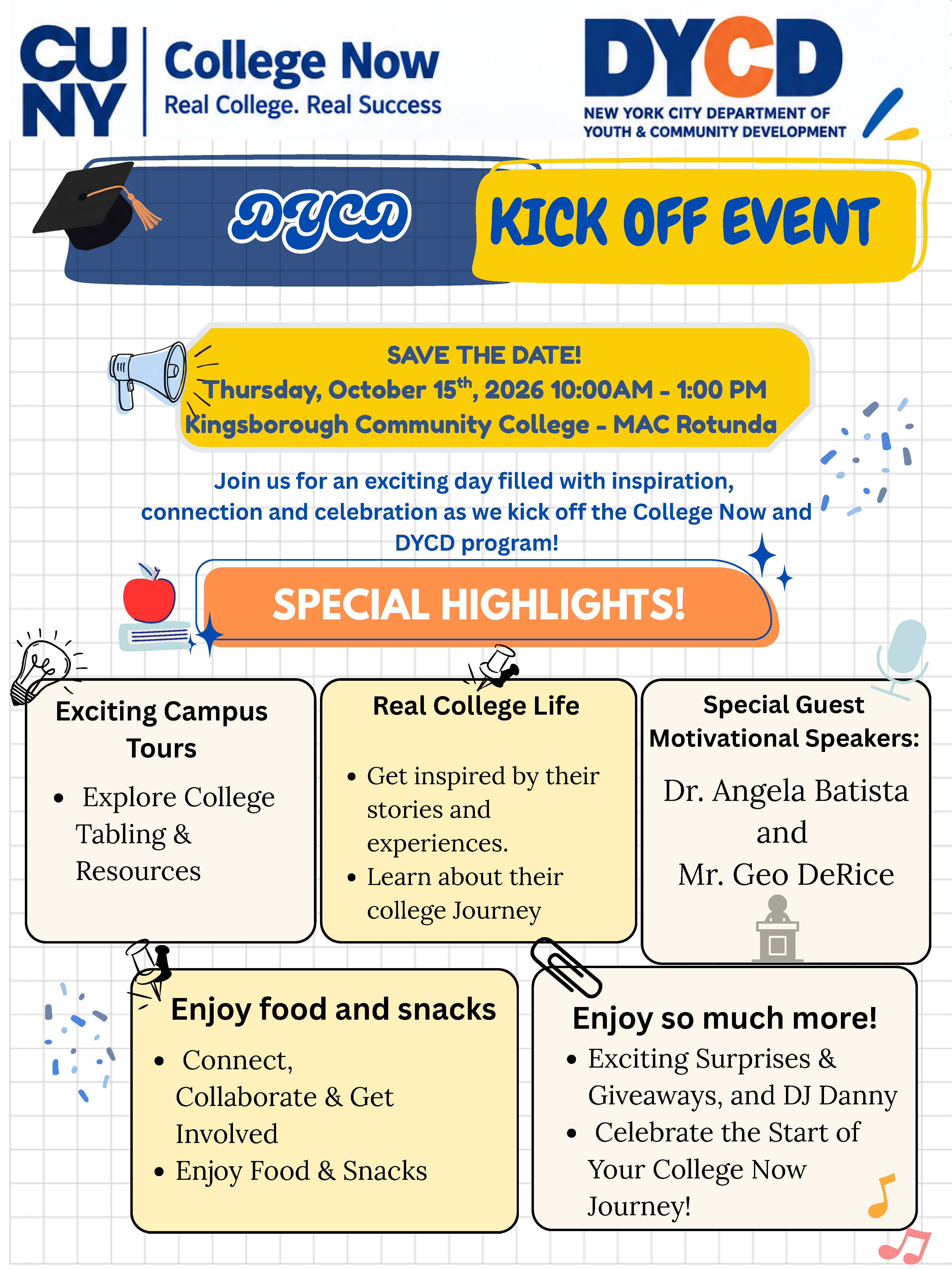 Save the date flyer for DYCD Program Kick off event on 10/15/26 from 10am to 1pm at MAC Rotunda