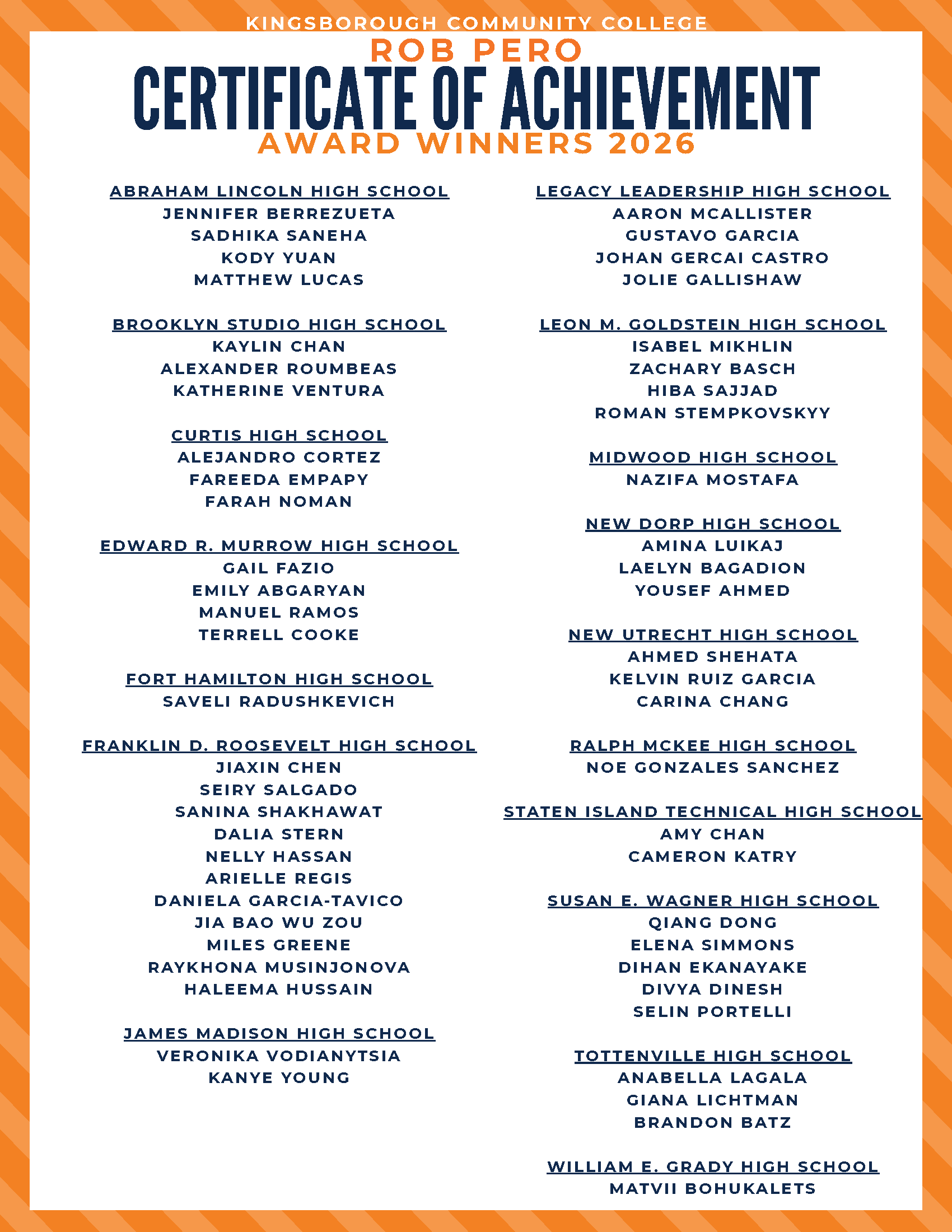 ROB PERO CERTIFICATE OF ACHIEVEMENT AWARD WINNERS 2026 ROB PERO CERTIFICATE OF ACHIEVEMENT AWARD WINNERS 2026 - List of high schools and student names