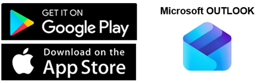 Screenshot of Get iit on Google Play button, Download on the App Store button, and Microsoft Outlook logo