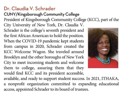 President Schrader as one 25 leading women in higher education