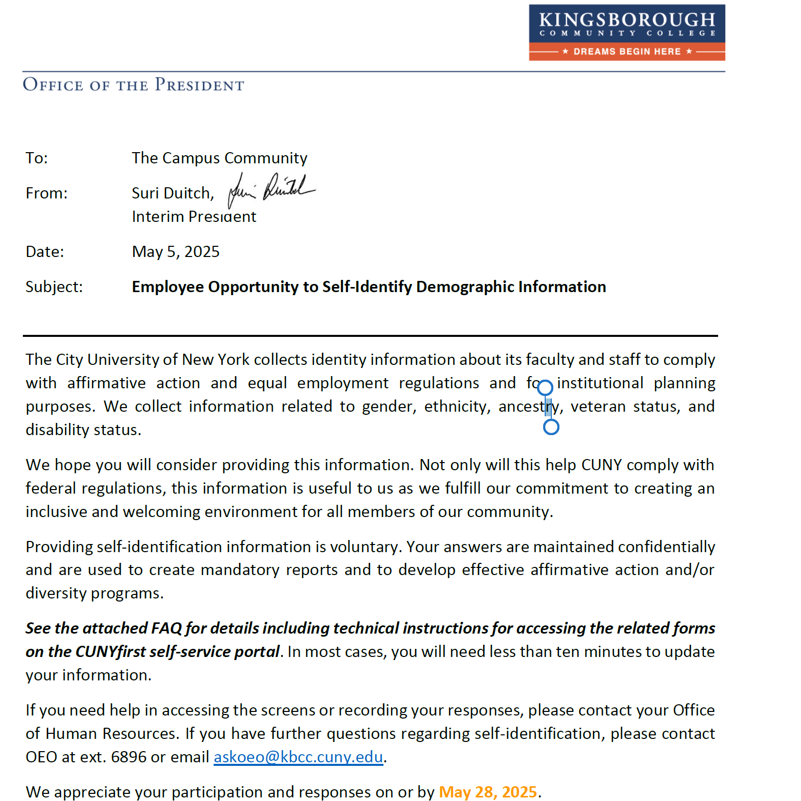 Employee Opportunity to Self-Identify Demographic Information