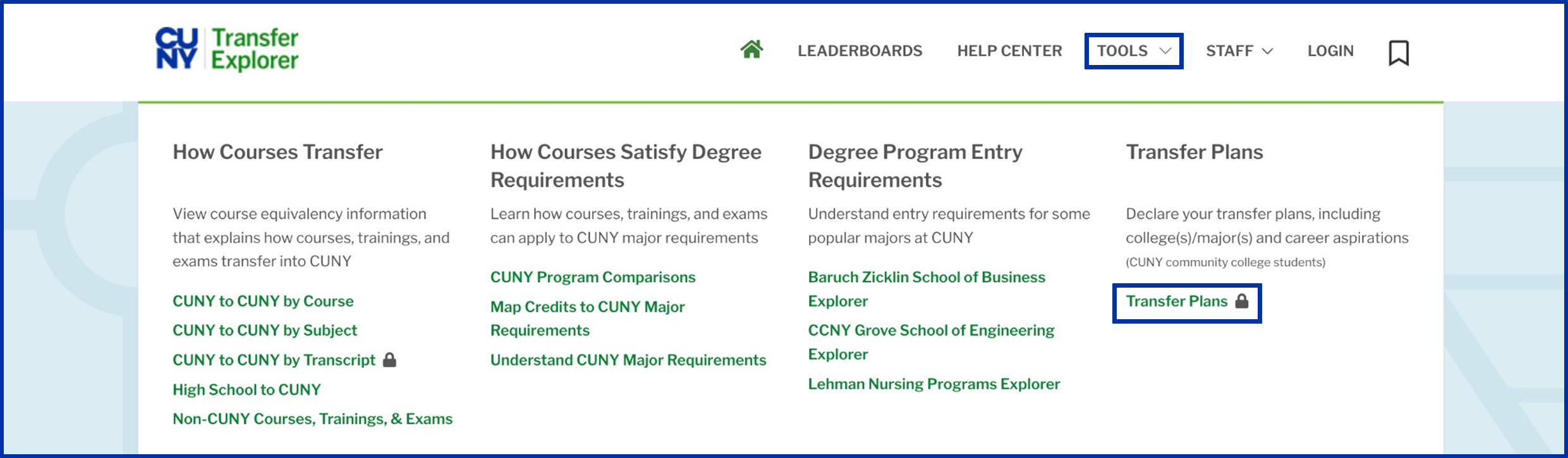 Screenshot of a the top of the Transfer Explorer homepage main navigation with Tools menu item highlighted and the Transfer Plans menu item circled on the descending dropdown.